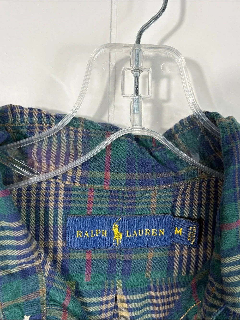 Ralph Lauren Blue Green Button Down Collared Casual Shirt Medium Holiday Cotton